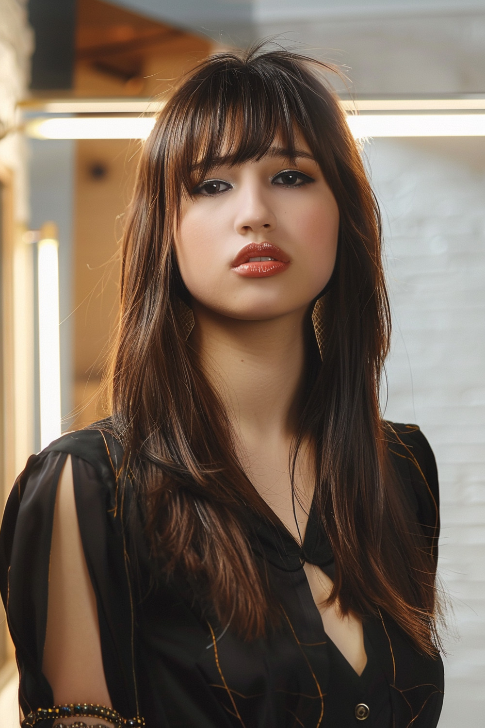 Long hair with asymmetrical bangs