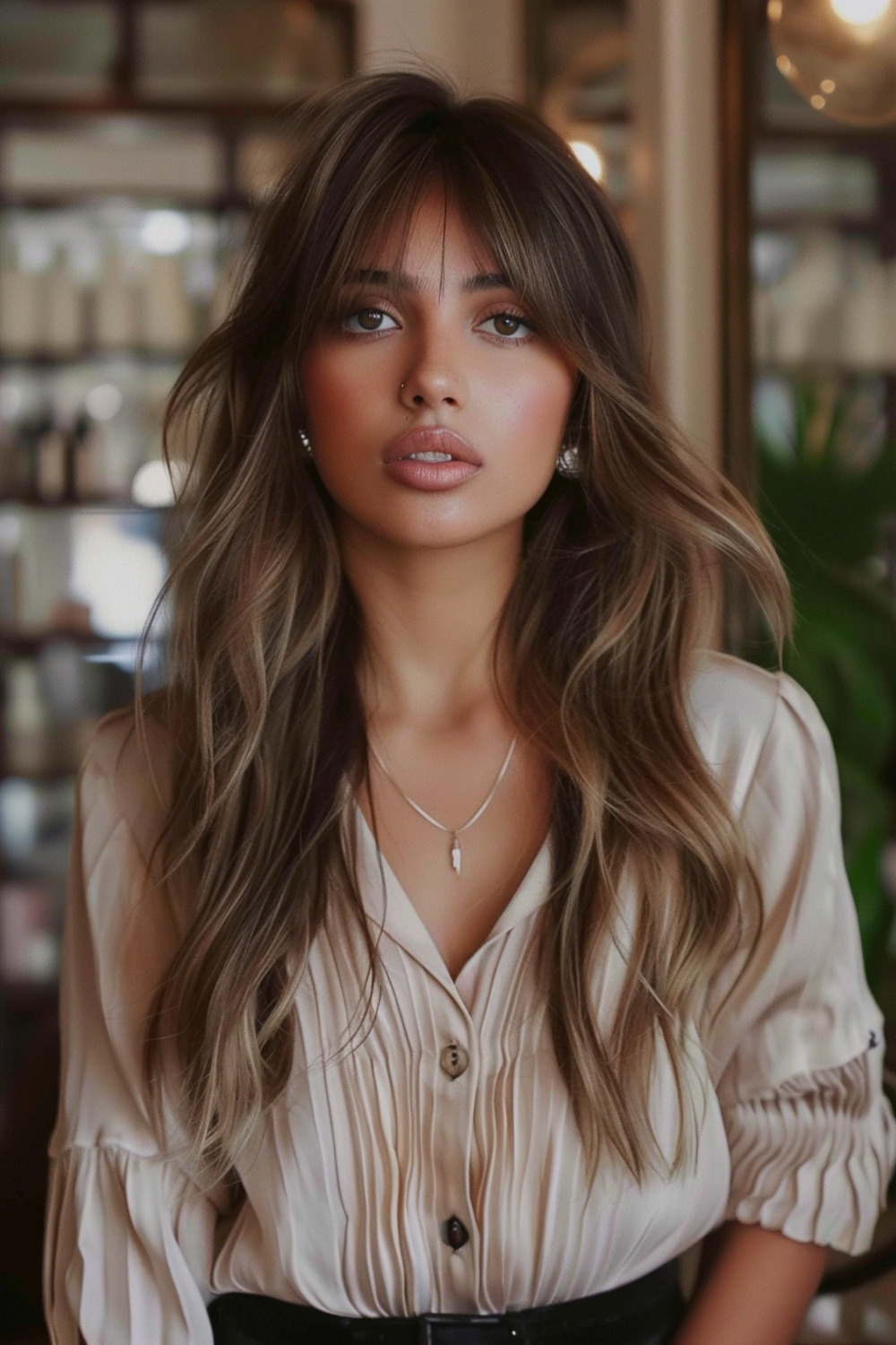 Long hair with bardot bangs