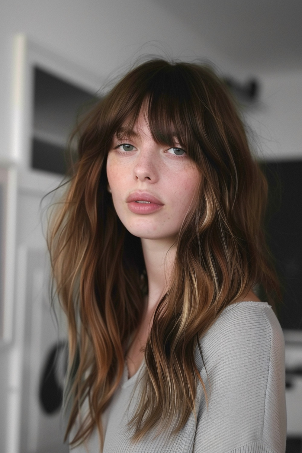 Long hair with layered bangs