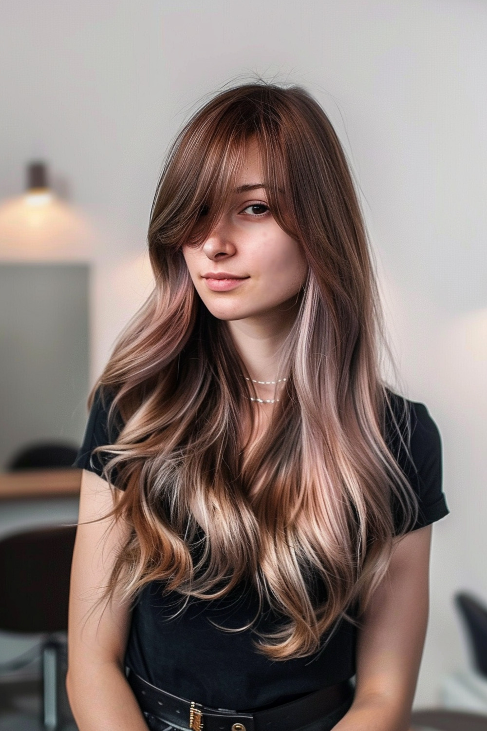 Long hair with swoop bangs