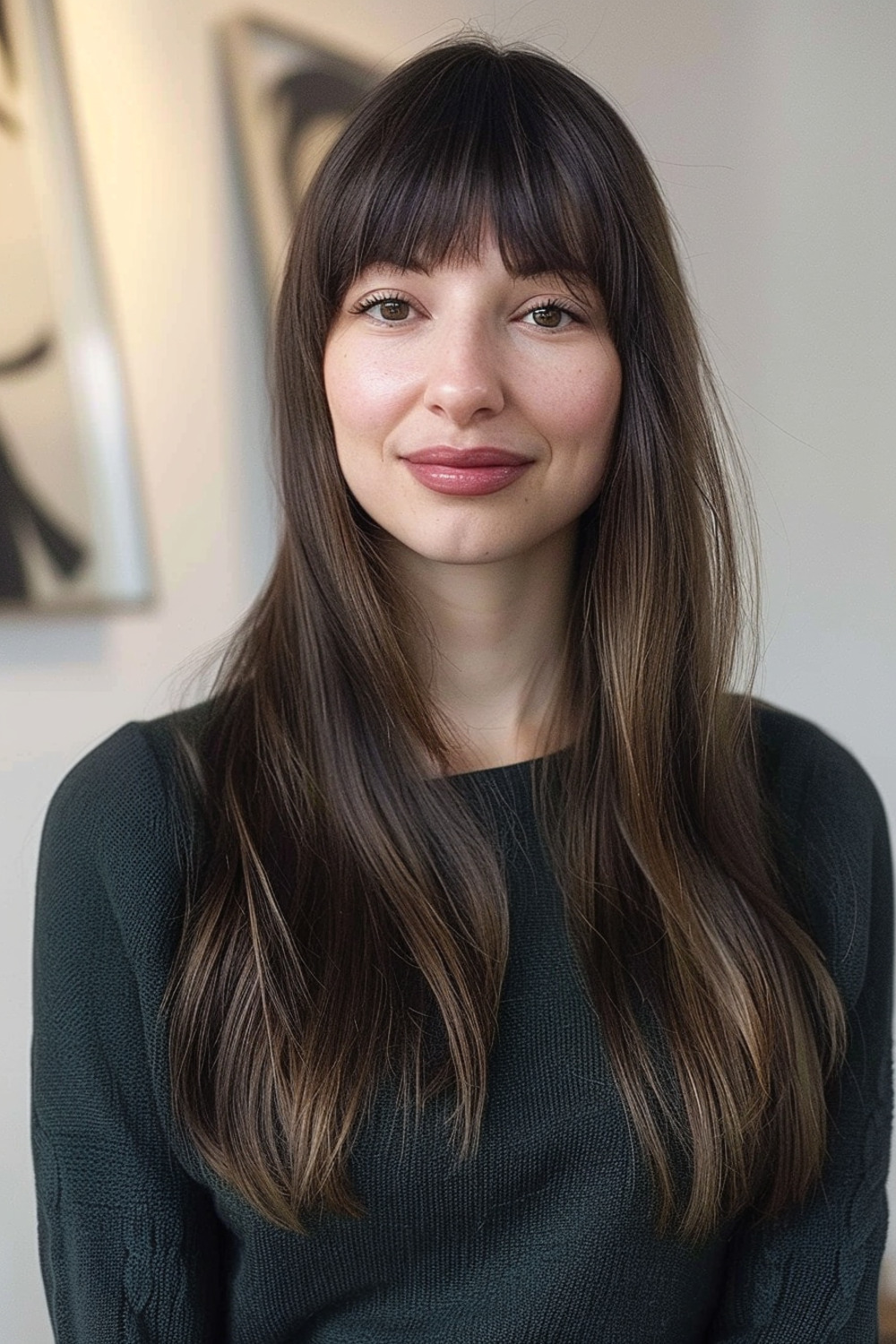 Wavy long hair with arched bangs