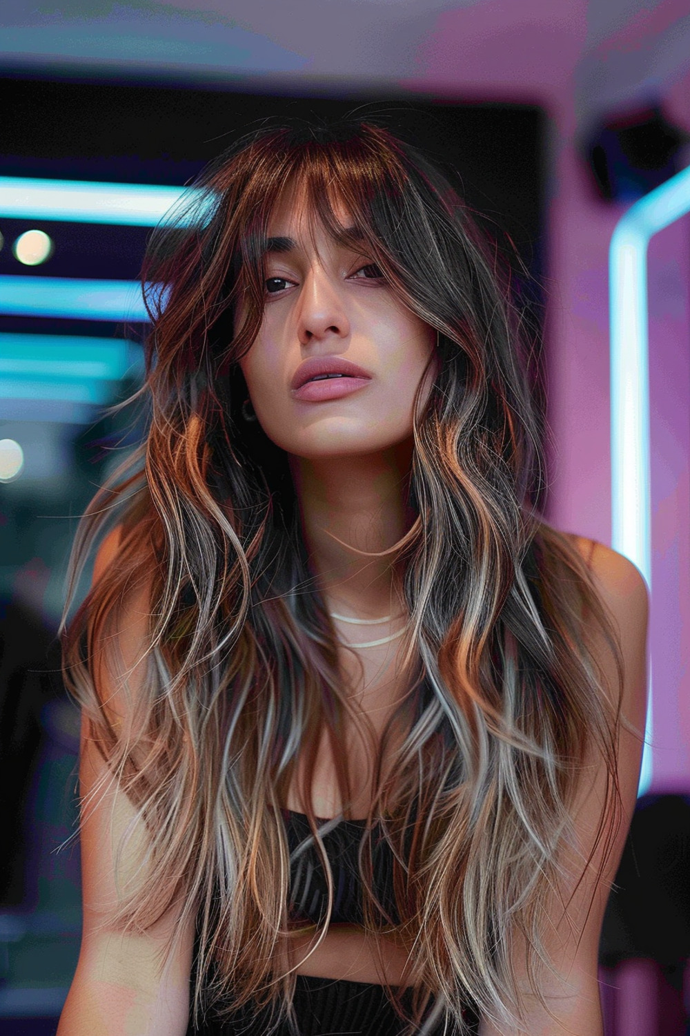 Long layered hair with long curtain bangs