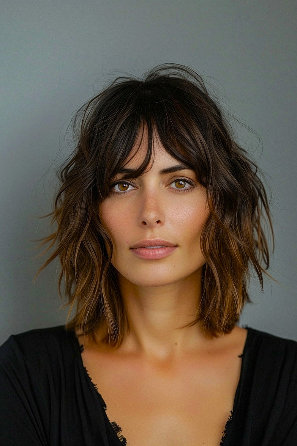 Long shaggy bob with bangs for fine hair