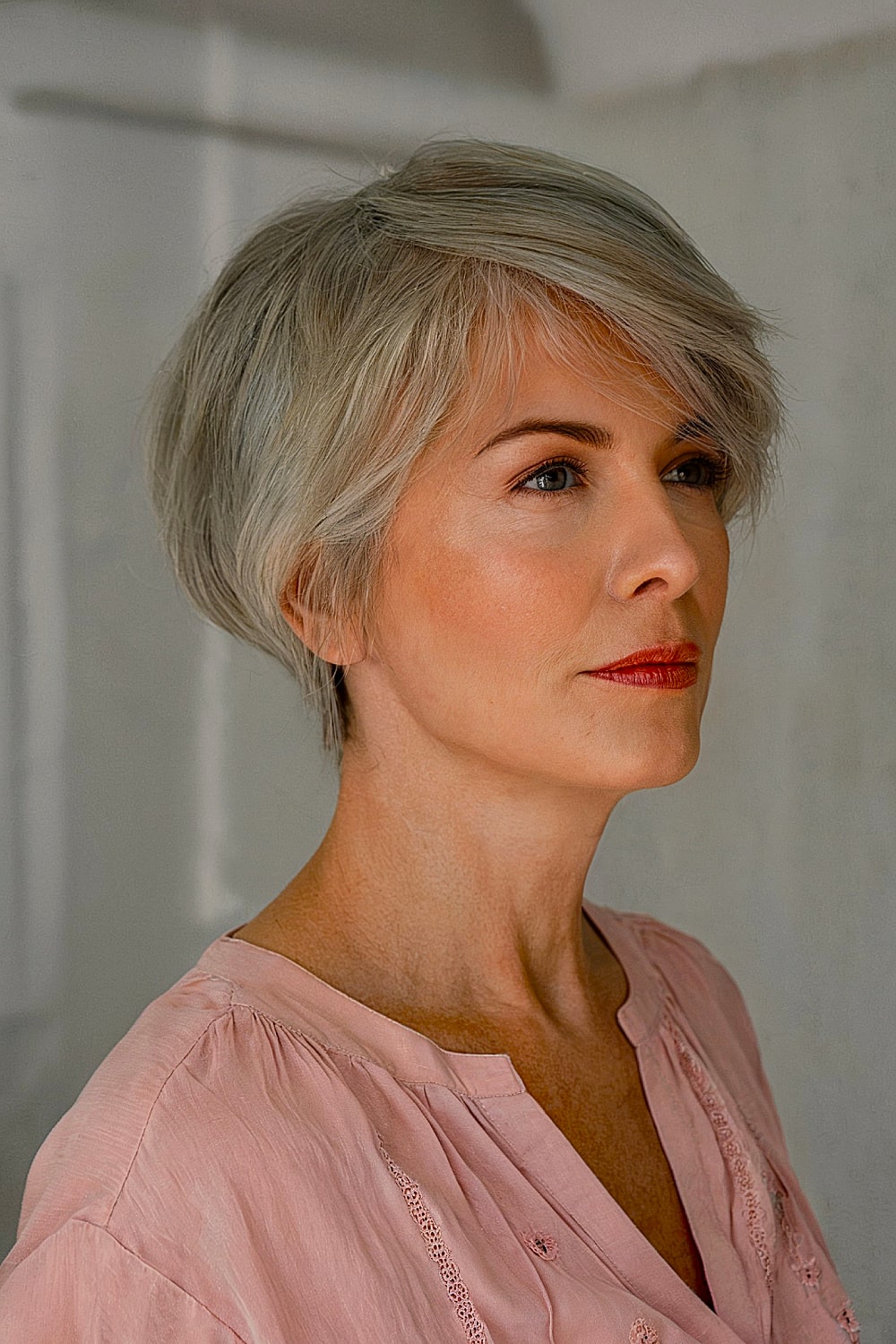 Low-maintenance pixie bob with bangs