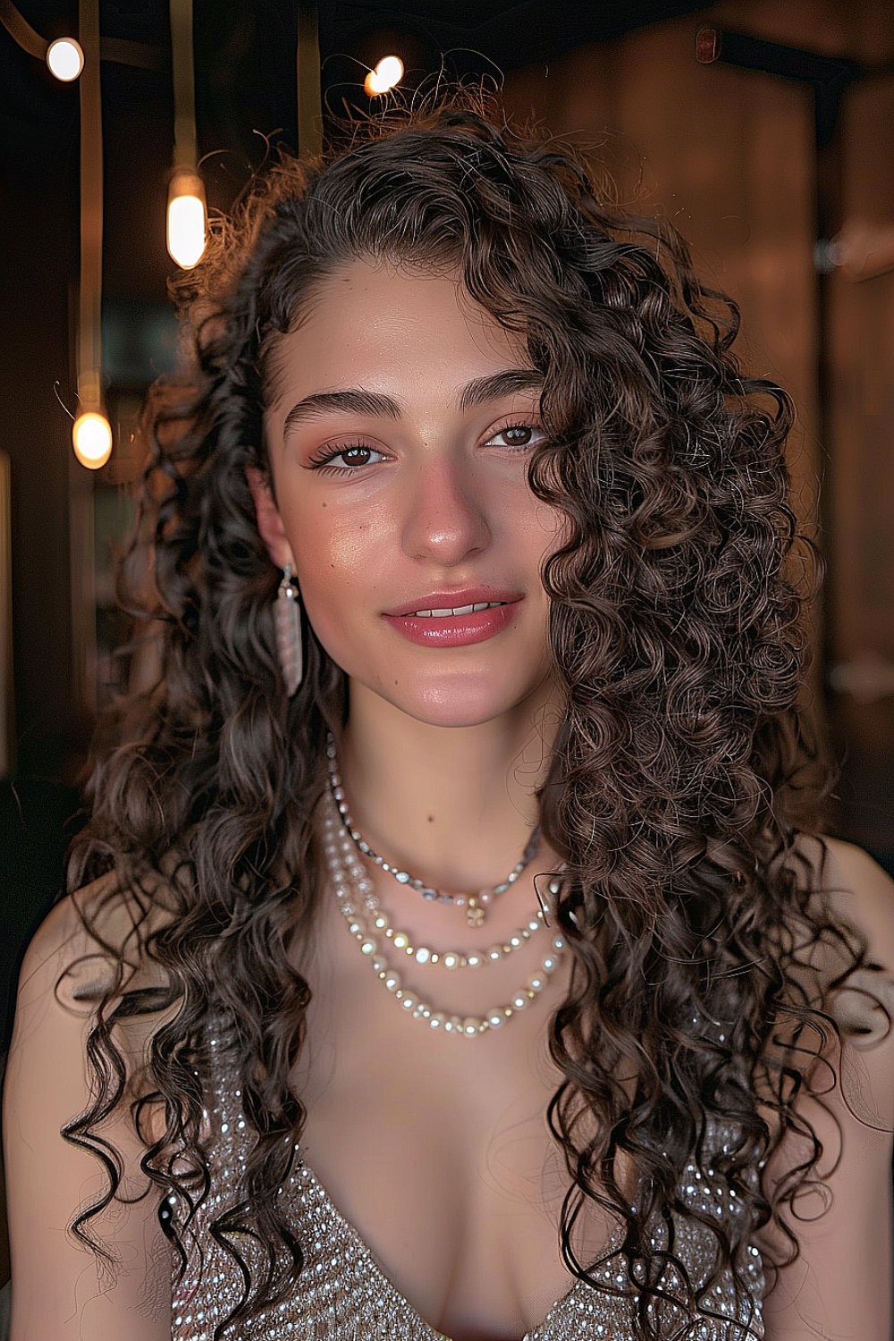 Luxurious long curls with well-defined spirals and pearl accents
