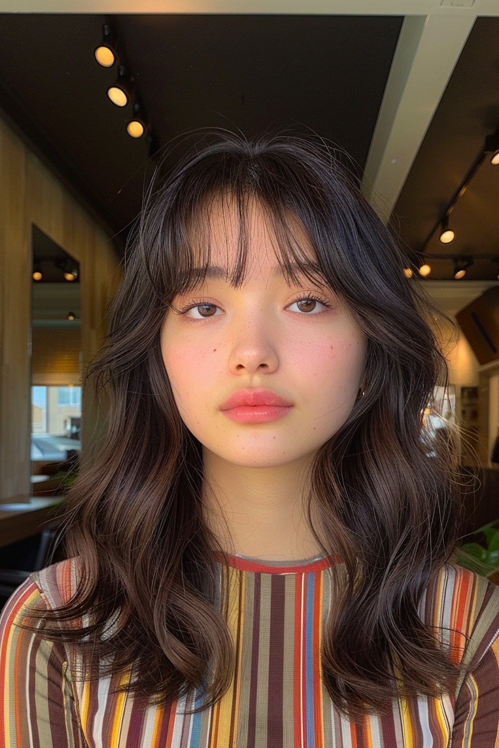 Medium-length dark brown hair with bangs