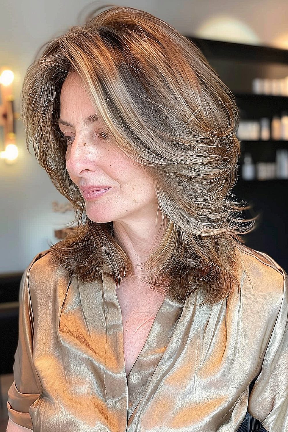 Mid-length haircut with feathered ends adding volume and movement