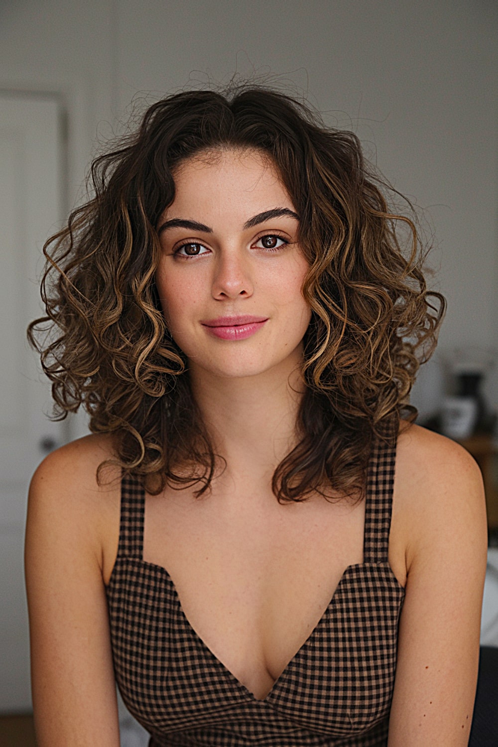Medium shaggy curly hair without bangs