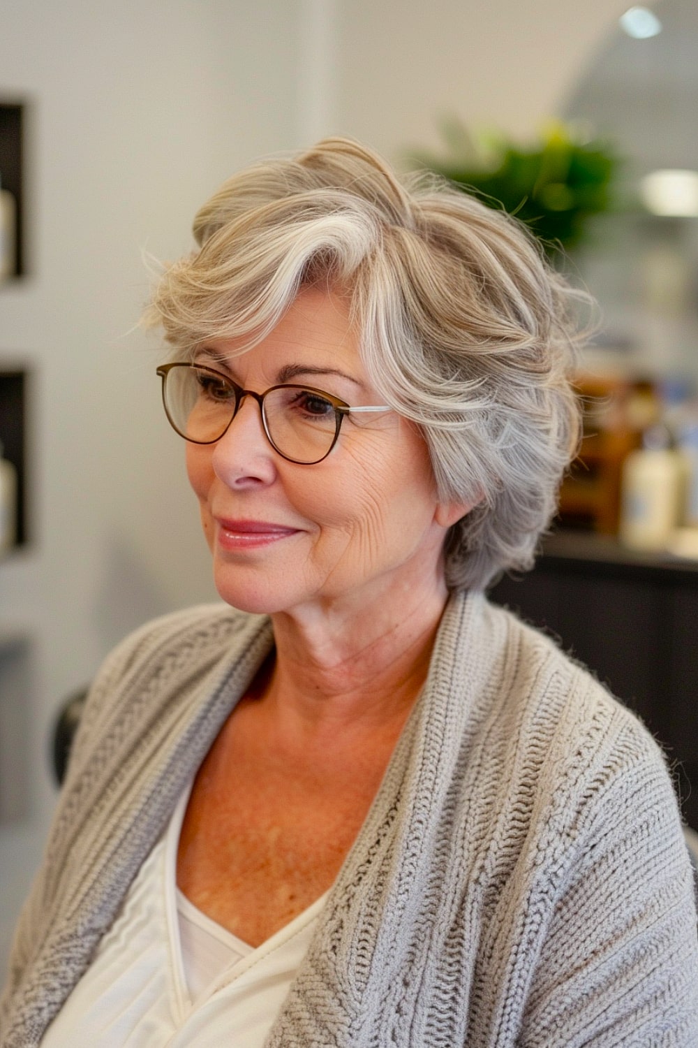 Short hairstyle for over 60 with glasses
