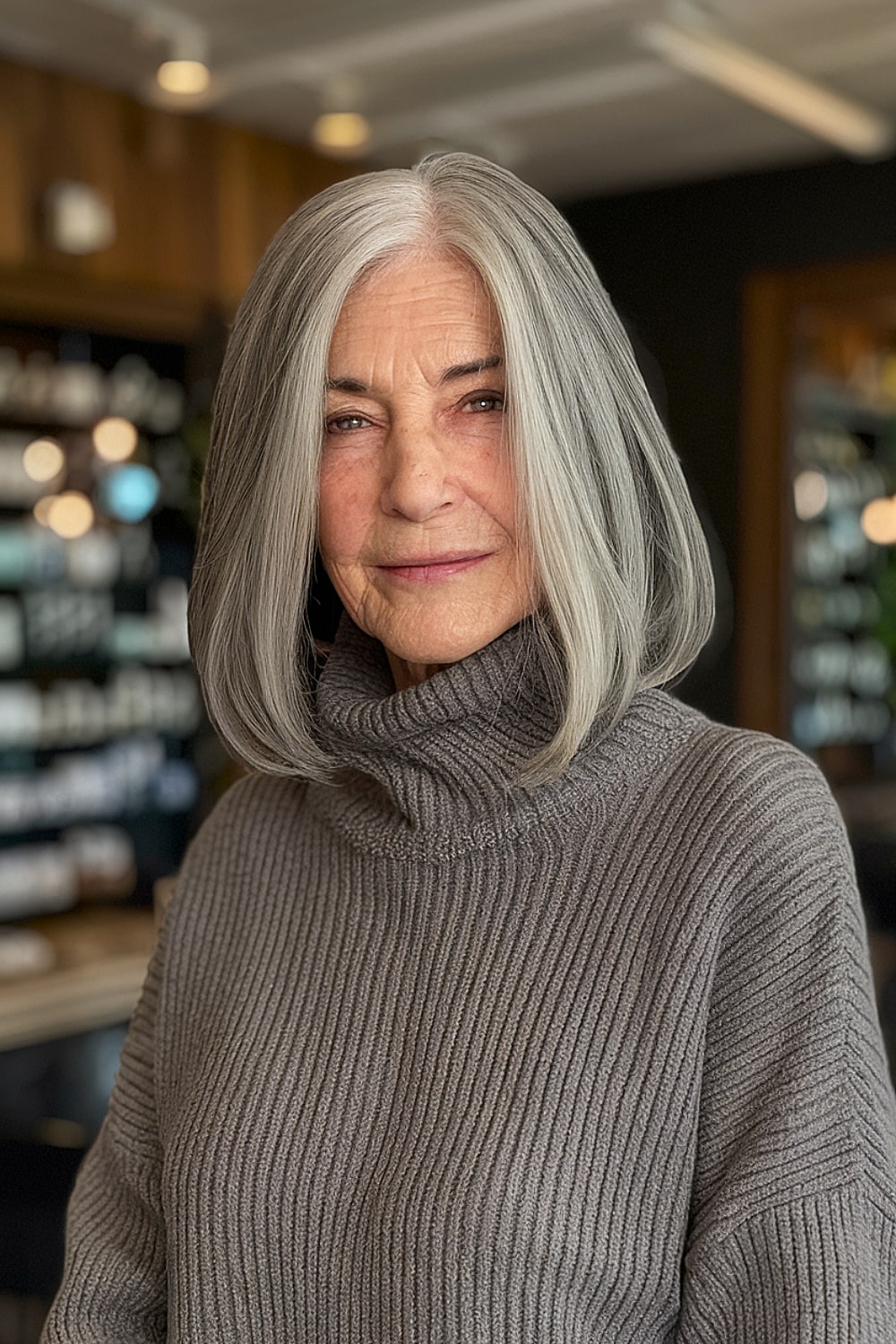 Natural gray lob with sleek ends for women over 70