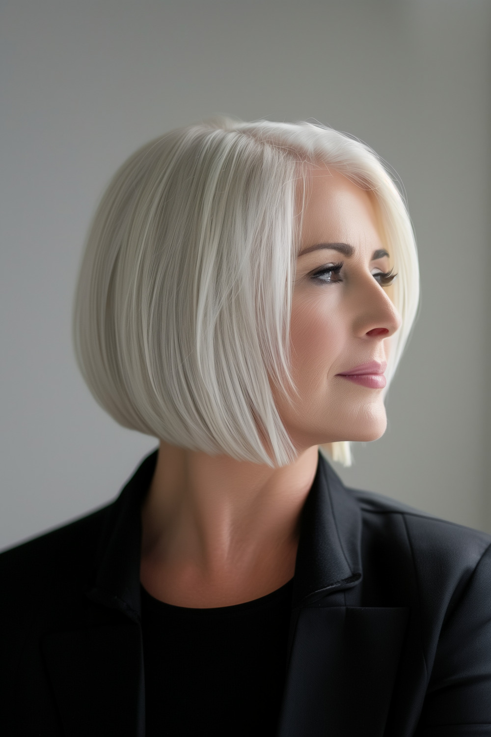 Platinum blonde bob with side part