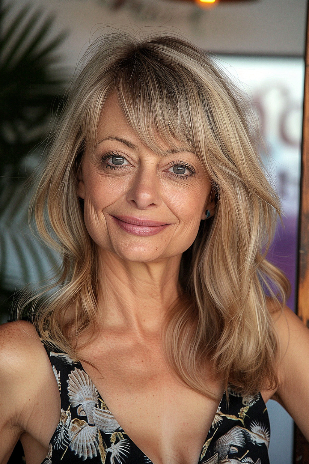 Woman over 50 with playful mid-length layered hair and side swept bangs in sunkissed tones