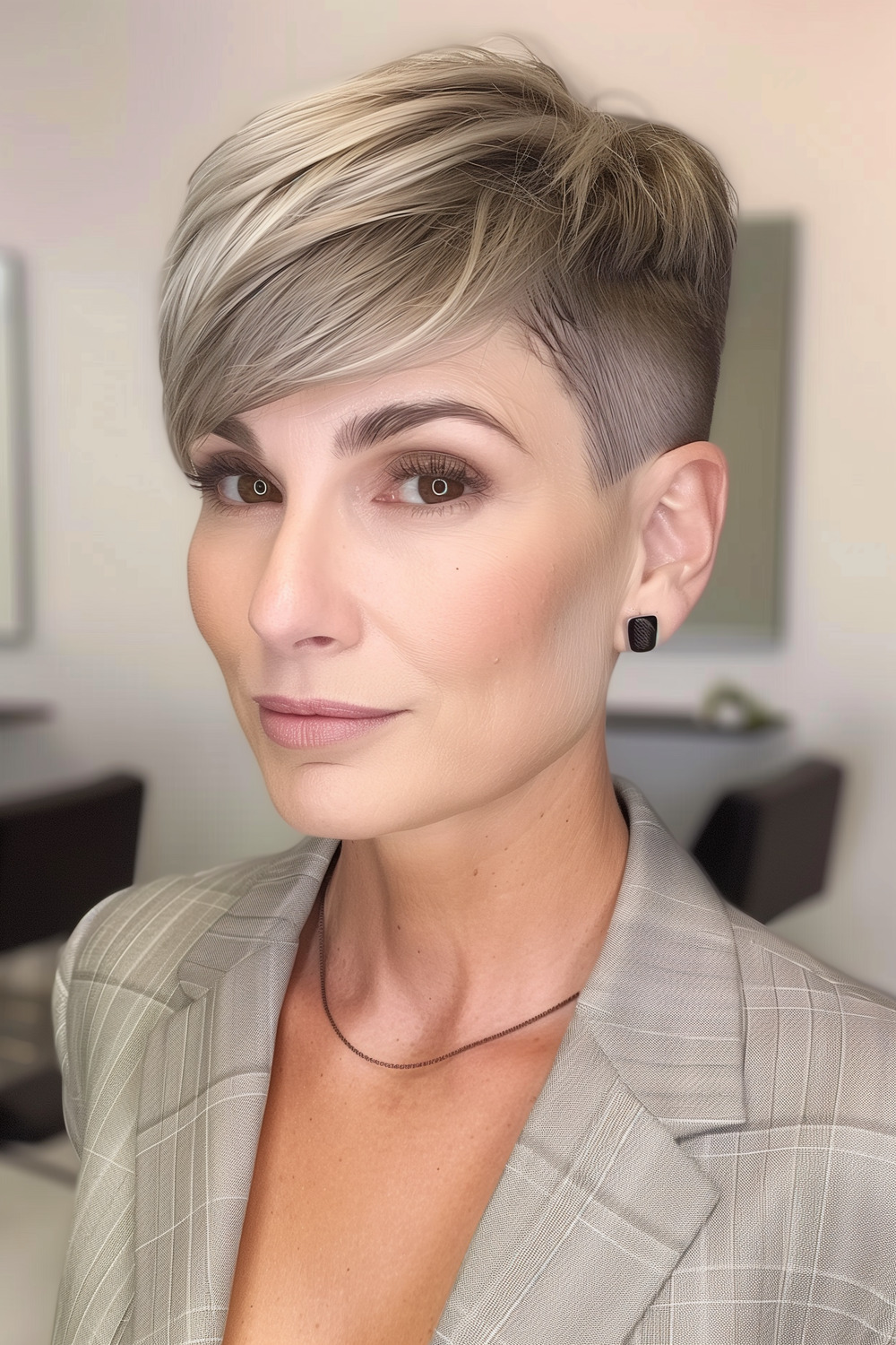 Sandy blonde pixie cut