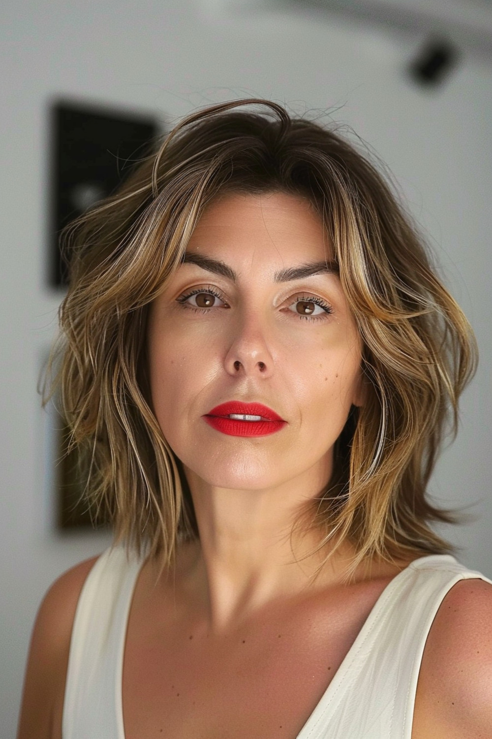 Sassy layered lob with highlights for women over 40