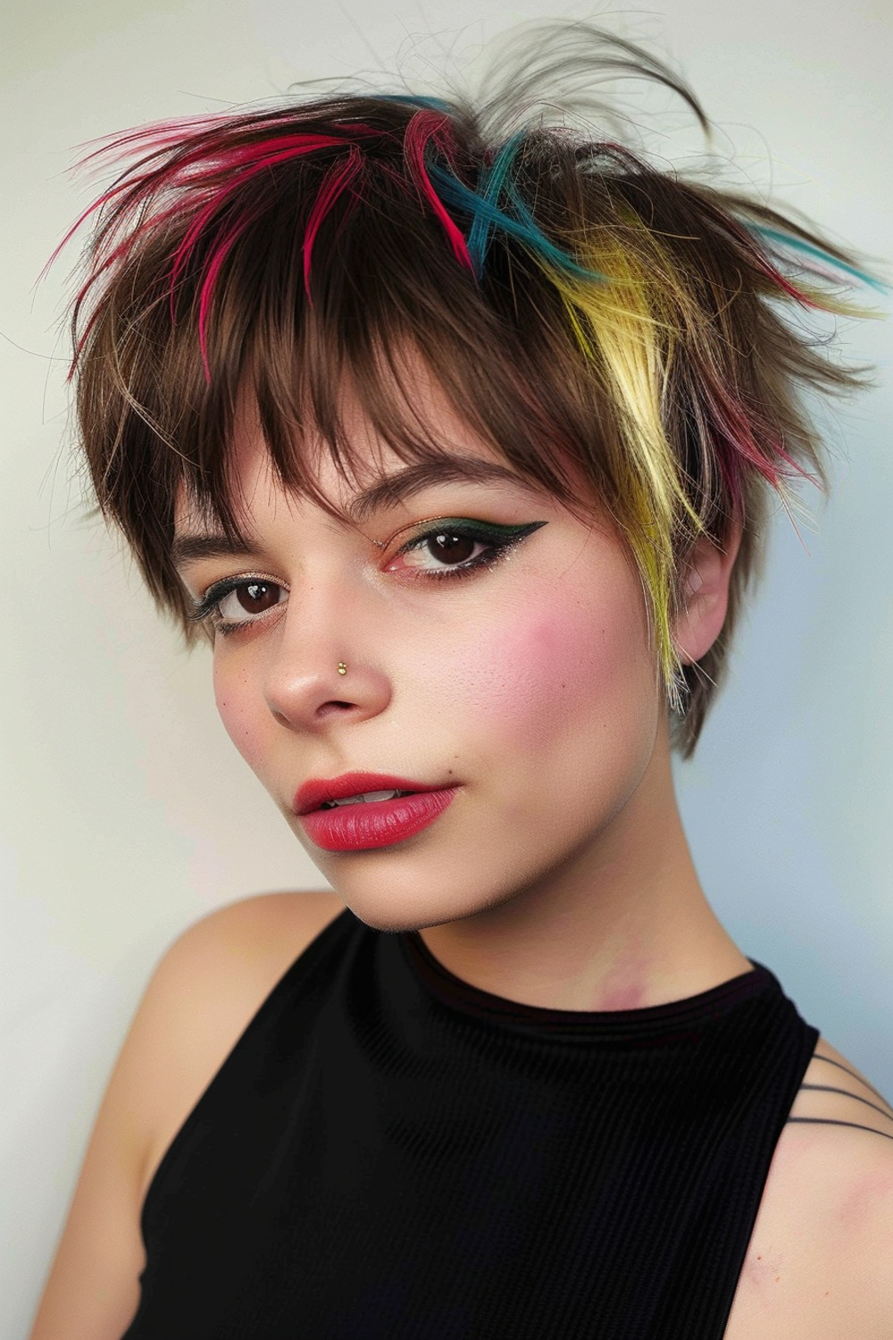 Shaggy pixie with bold color highlights