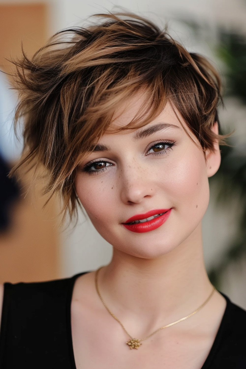Shaggy pixie with deep side part