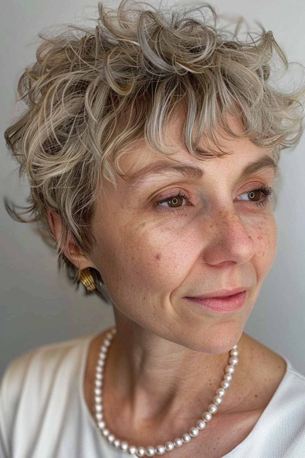 Shaggy pixie with soft curls for women over 60