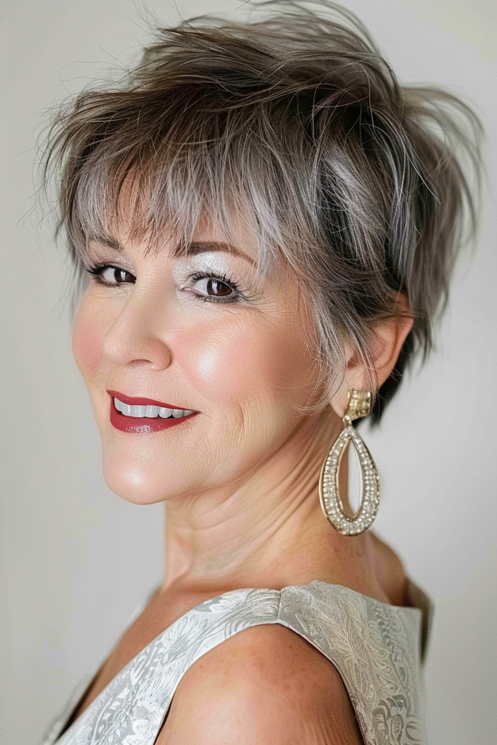 Shaggy pixie with wispy bangs for women over 50