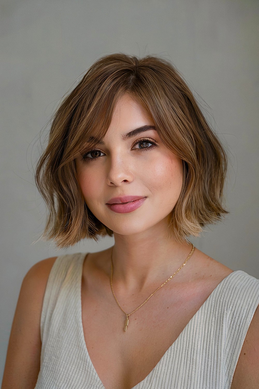 Short side part bob with bangs