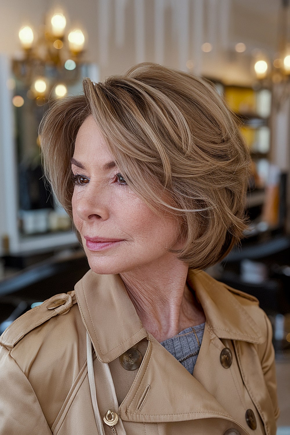 Short feathered bob with rounded volume for women over 50