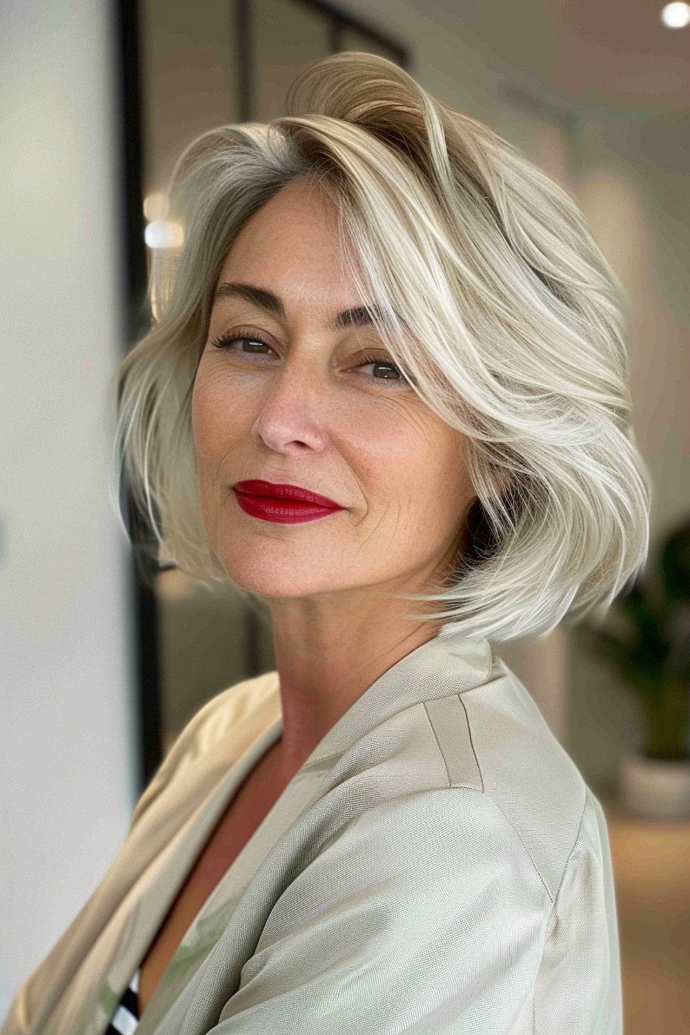 Short feathered cut with subtle highlights for women over 50