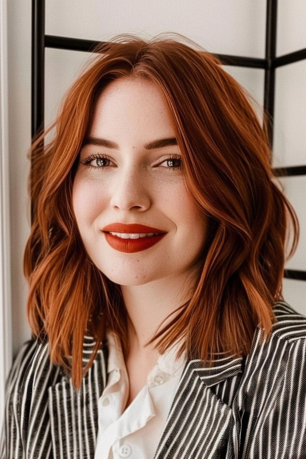 Shoulder-length hair with auburn tint