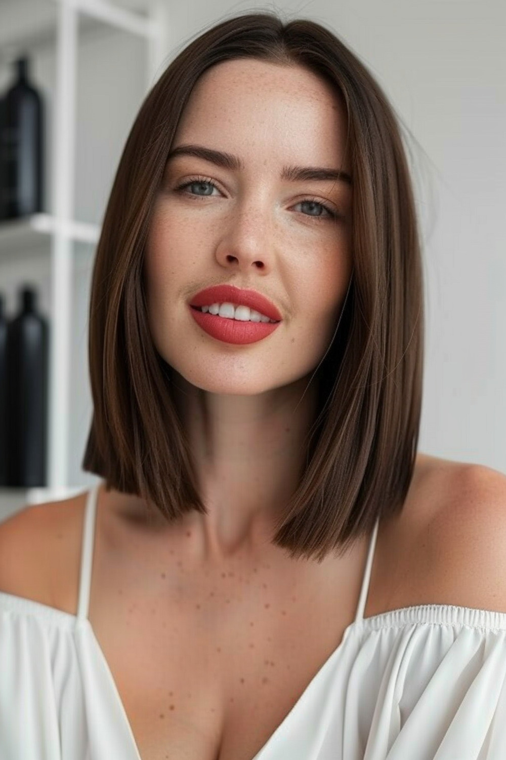 Shoulder-length hair with blunt ends