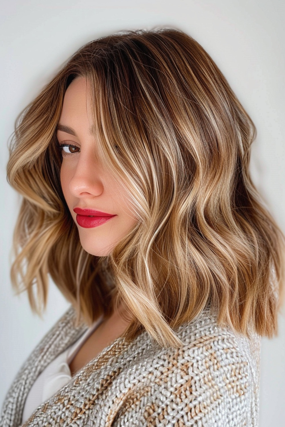 Shoulder-length hair with honey highlights