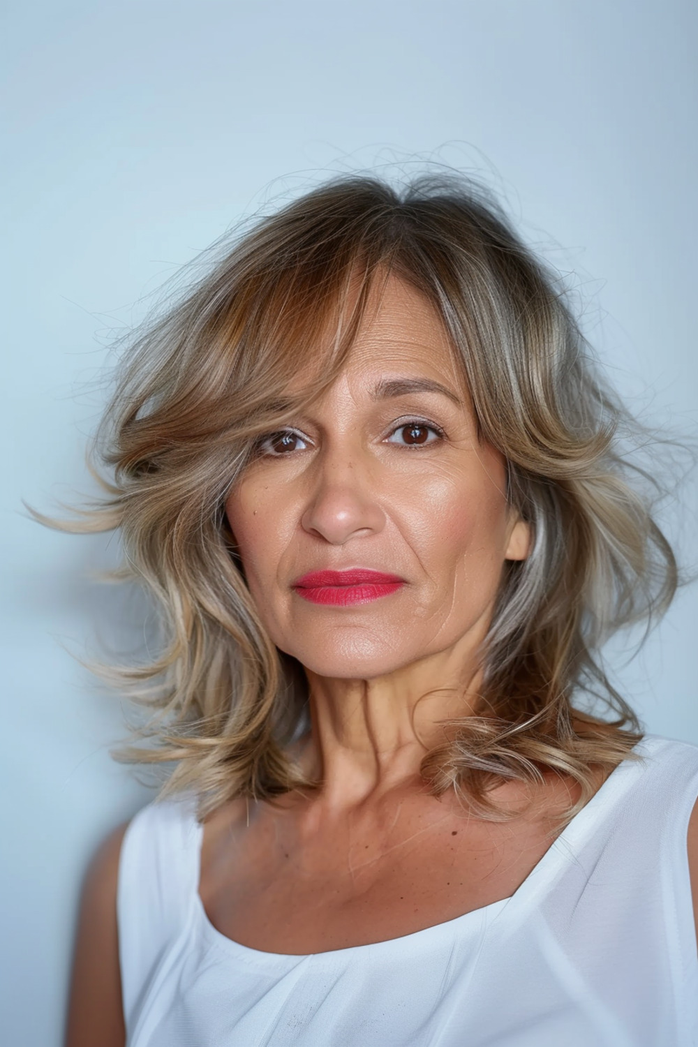 Side bangs with soft wavy lob for women over 60
