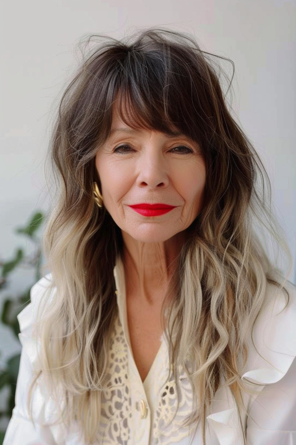 Side-swept bangs with modern shag cut for women over 60