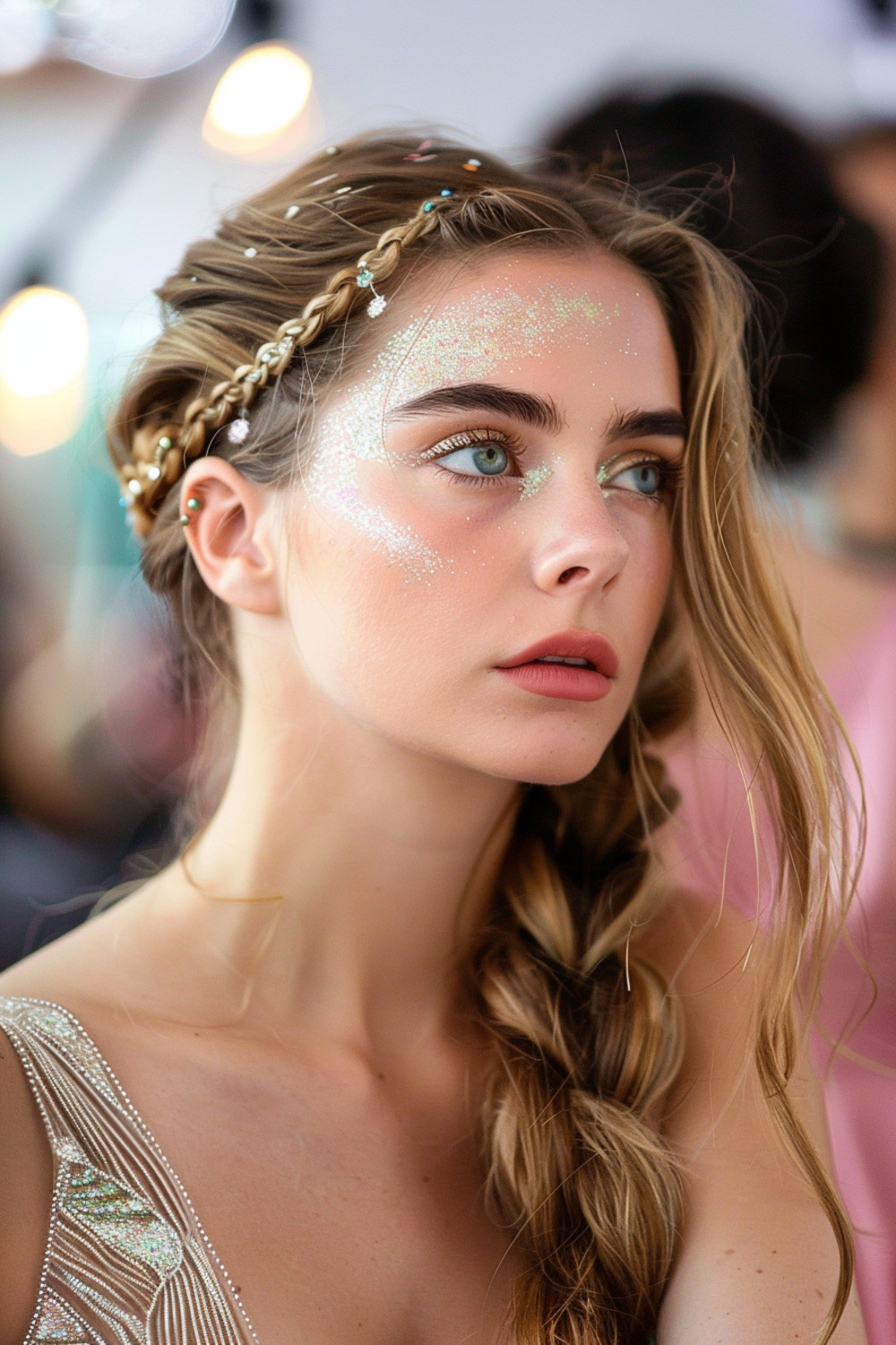 Side swept braid with glitter