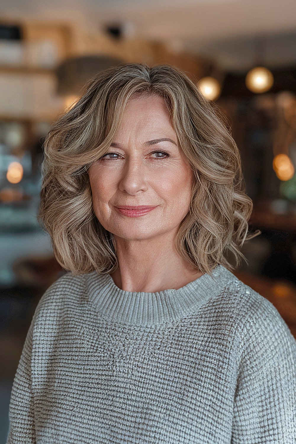 Side-swept wavy shoulder-length cut for women over 50