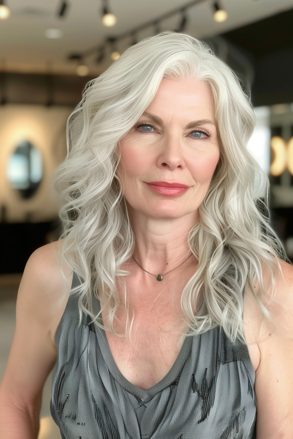 Silver blonde waves with a side part