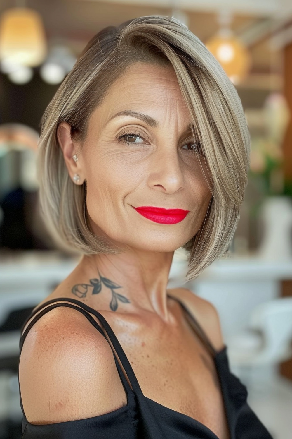 Sleek asymmetrical bob with highlights for women over 50