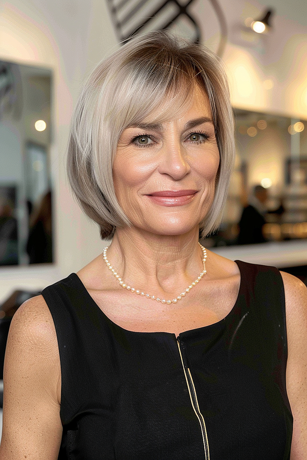 Woman with a sleek bob haircut and side-swept bangs