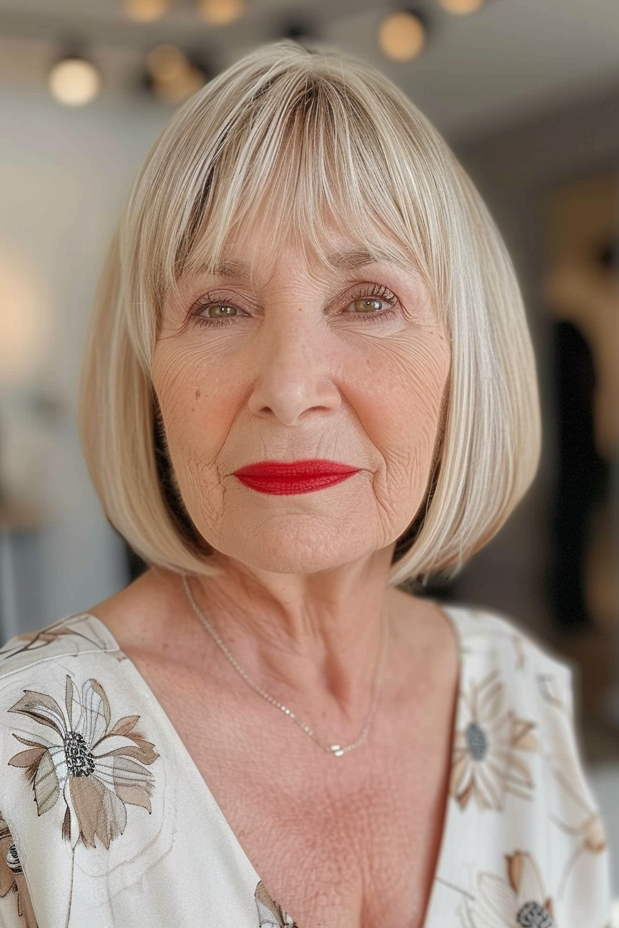 Sleek bob with wispy bangs for women over 70