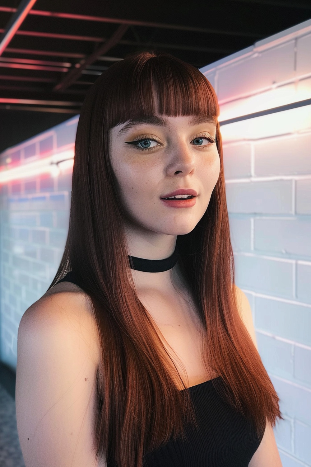 Sleek long hair with baby bangs