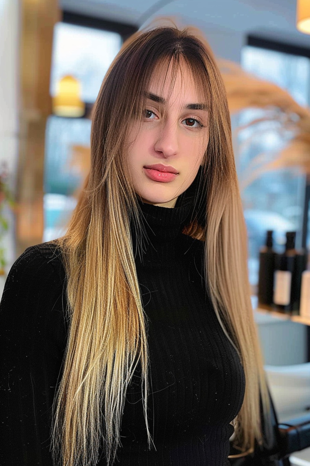 Sleek long hair with wispy bangs