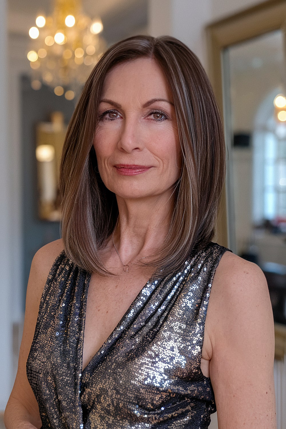 Sleek shoulder-length cut with tucked ends for women over 50