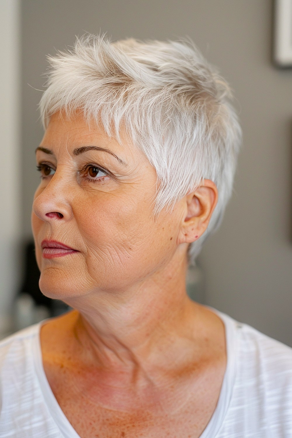Short hairstyle for double chin over 60