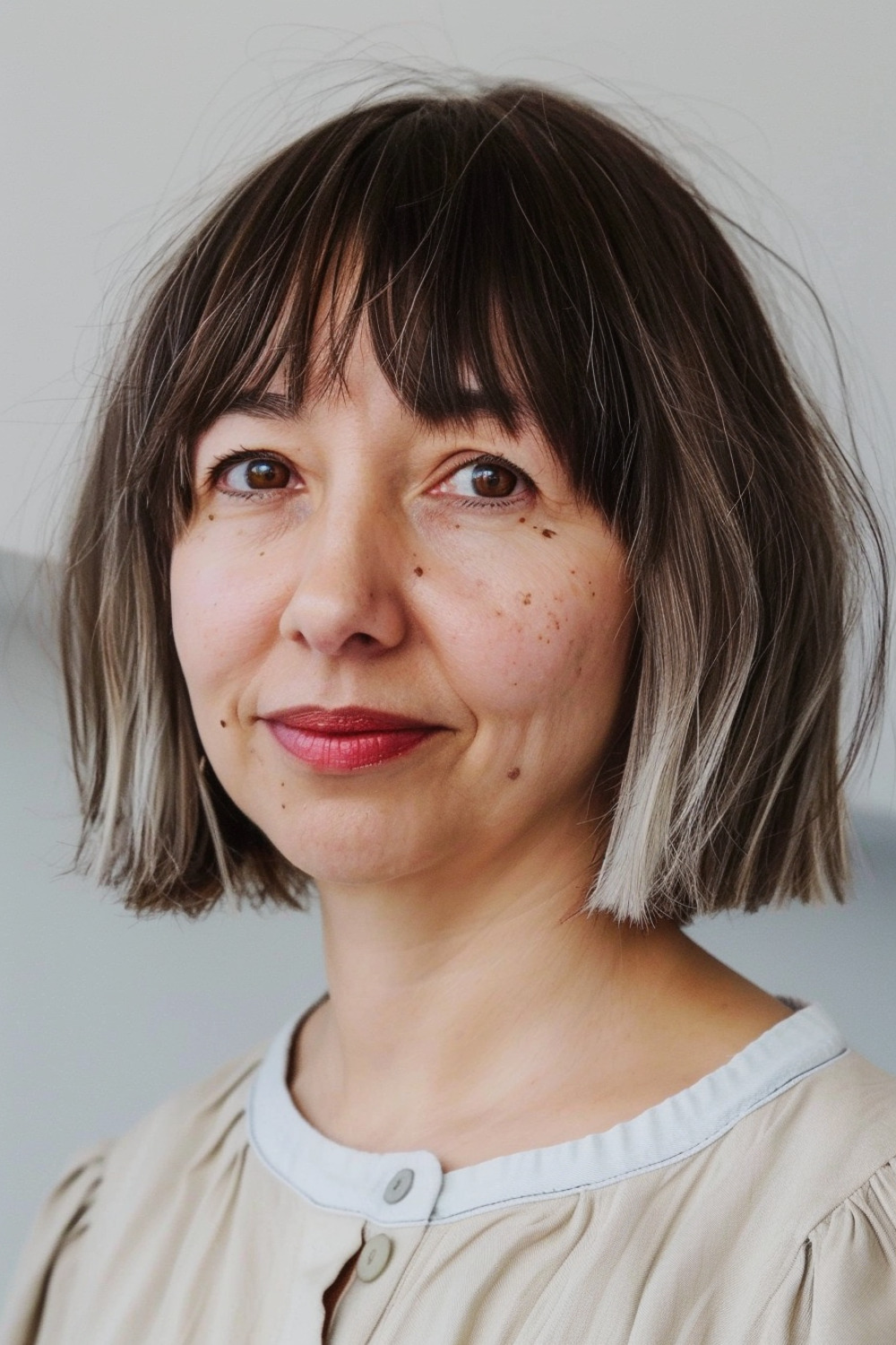 Soft bangs with classic blunt cut bob for women over 50