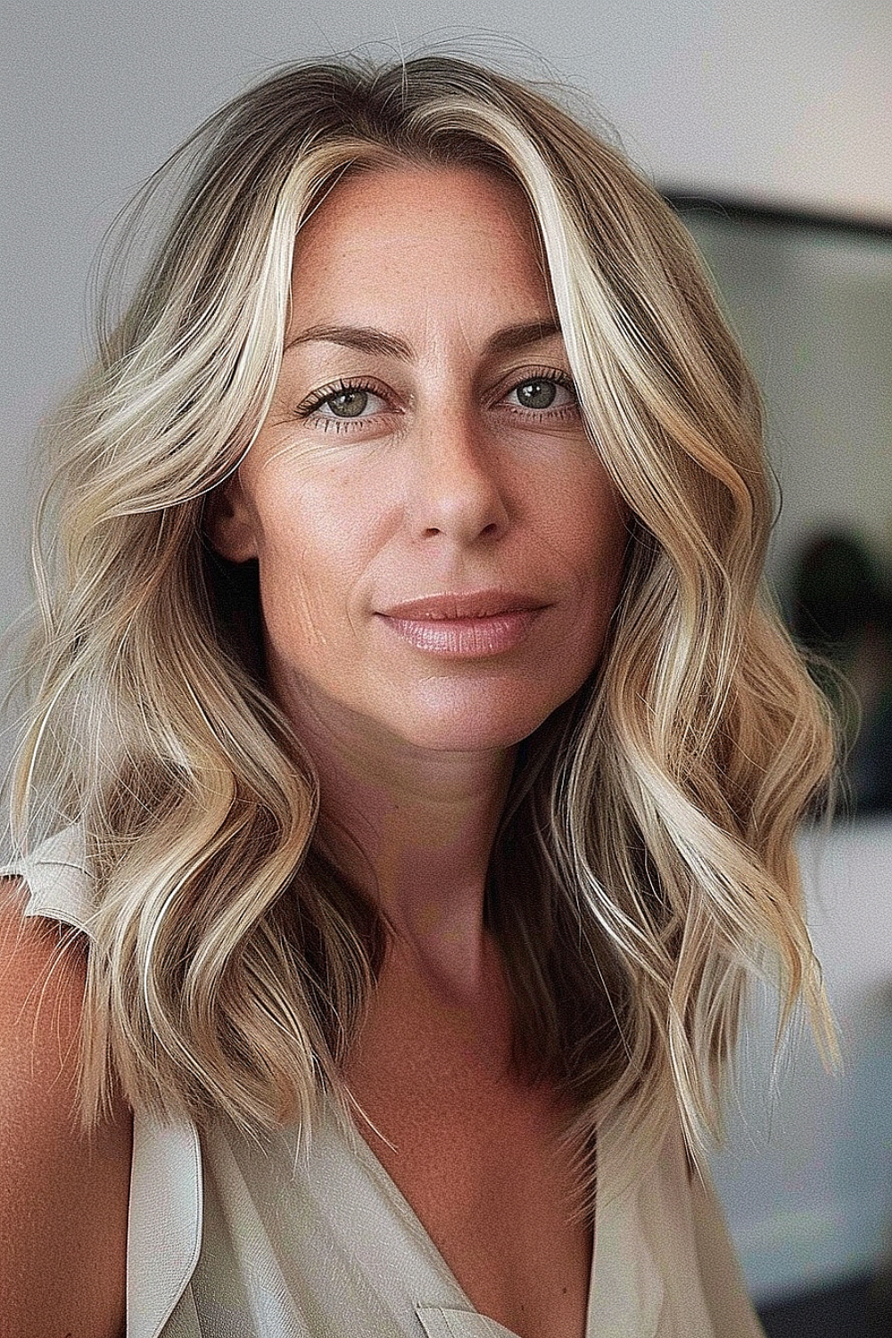 Blonde hair with soft layers and face-framing highlights