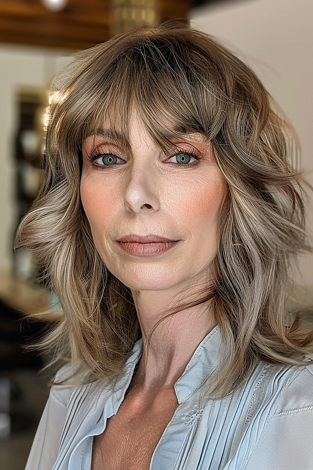 Woman with a soft shoulder-length shag haircut and wispy bangs