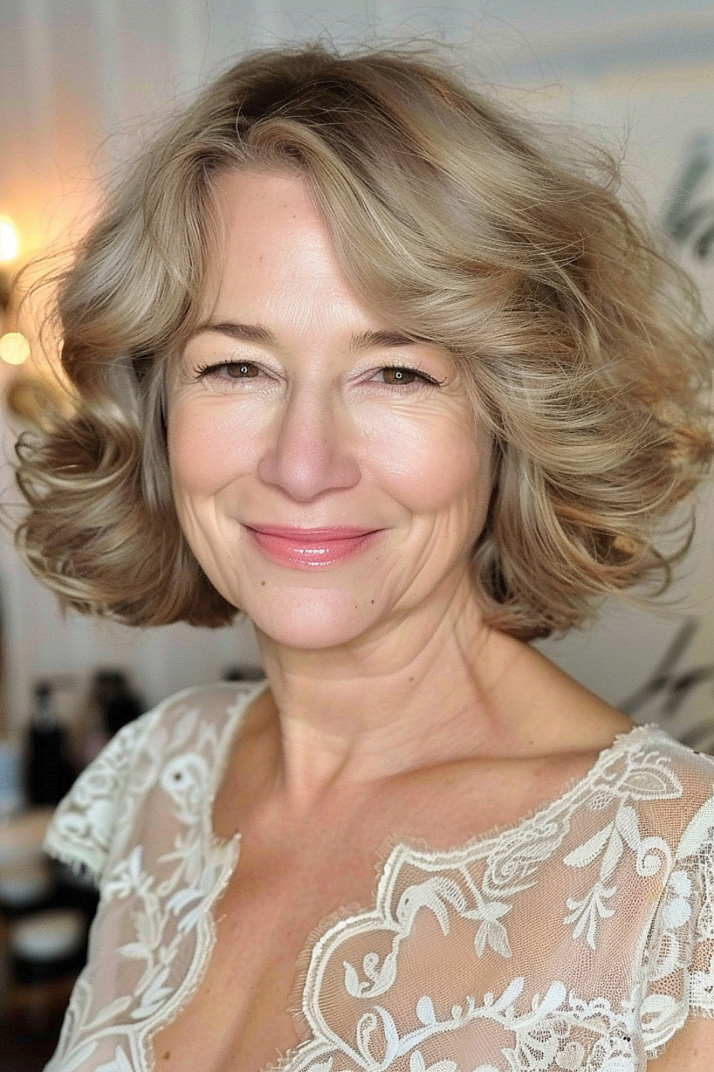 Chin-length bob with soft waves and gentle curls.
