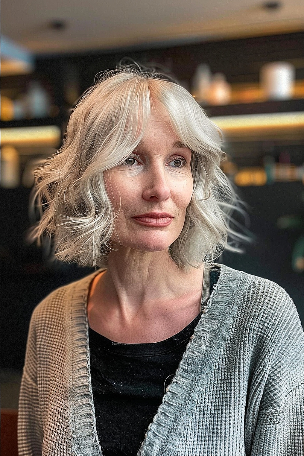 Woman with a soft wavy bob hairstyle suitable for women over 60