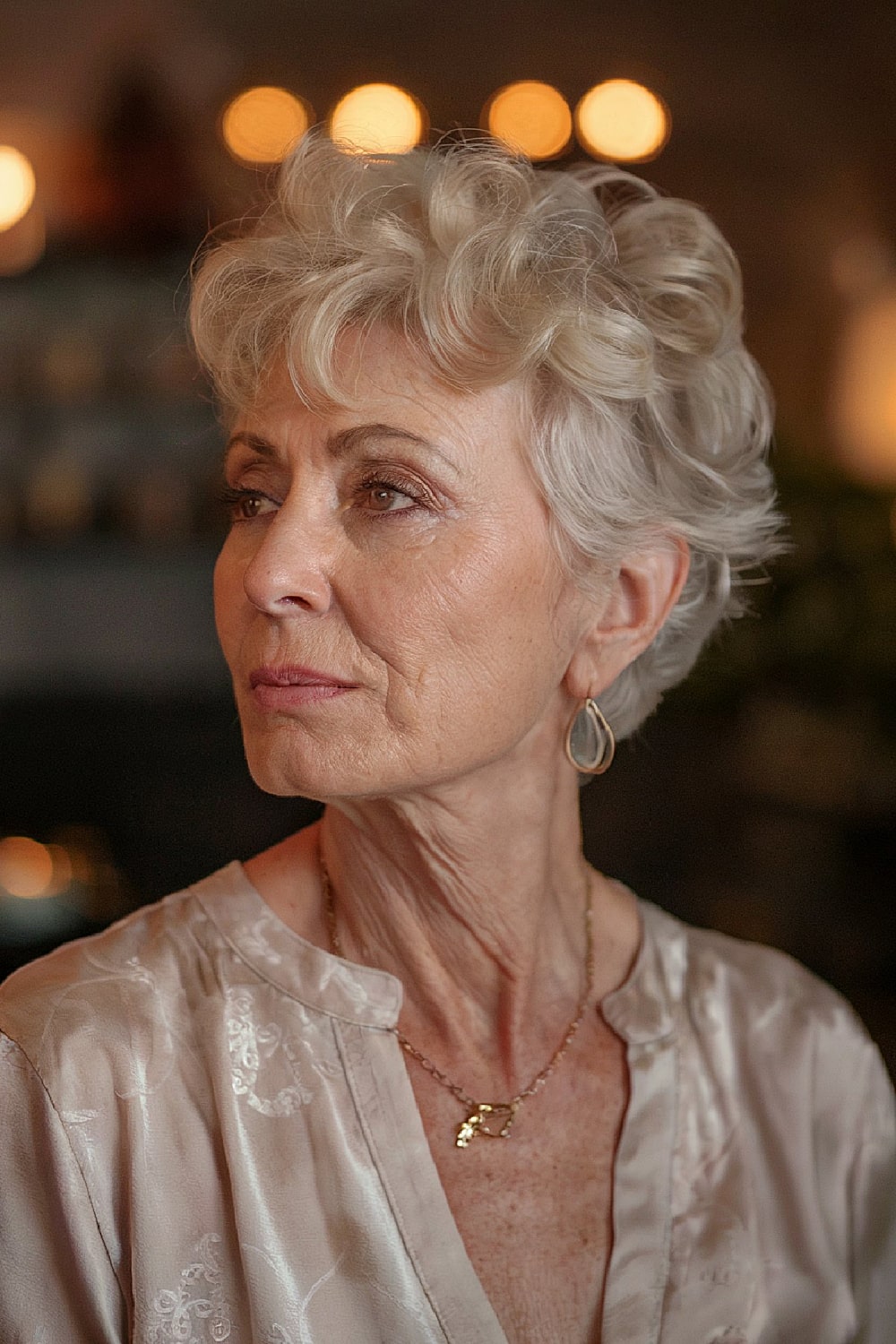 Softly curled pixie with side volume for women over 70