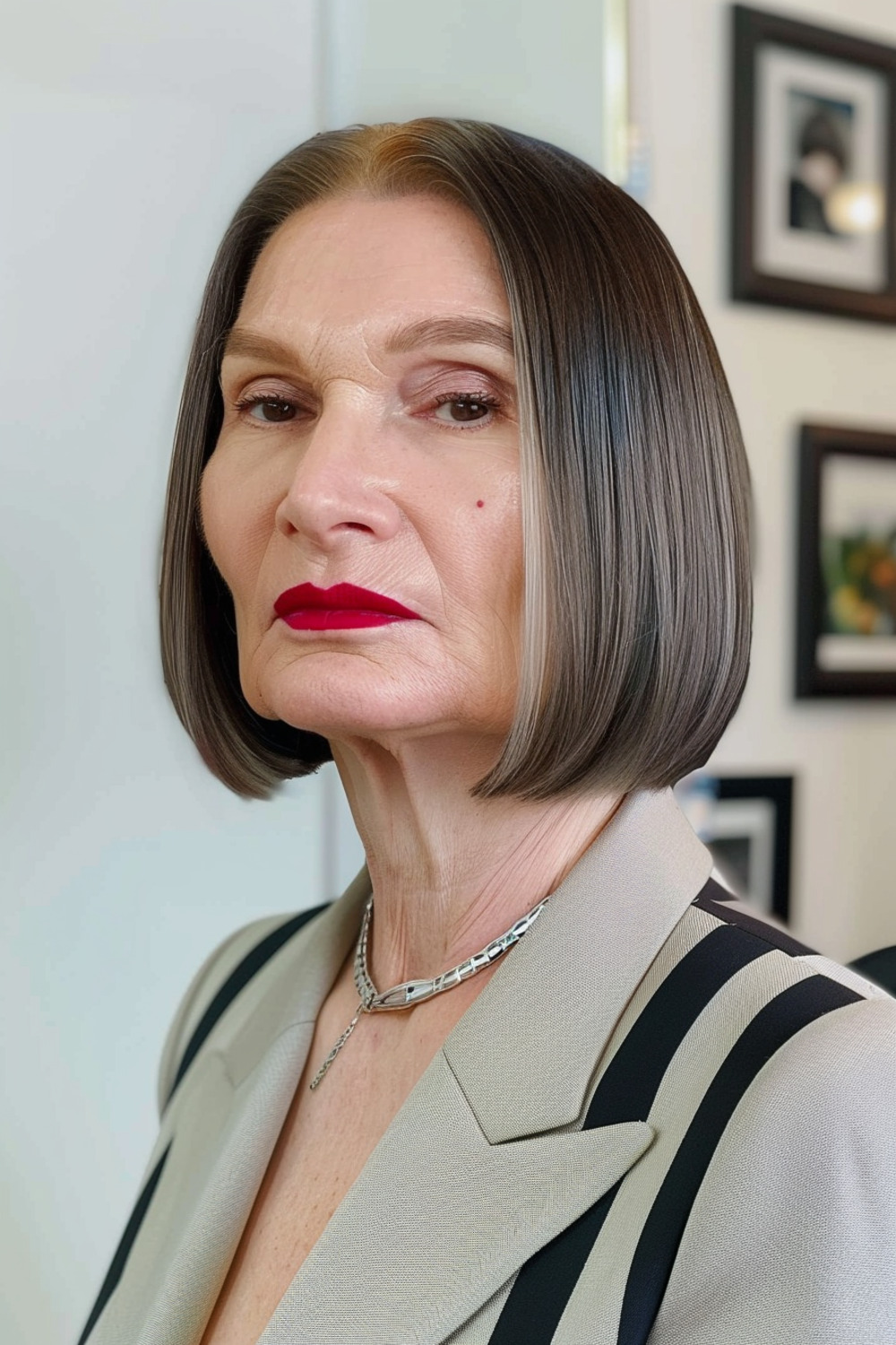 Sophisticated blunt bob with glossy finish for women over 60
