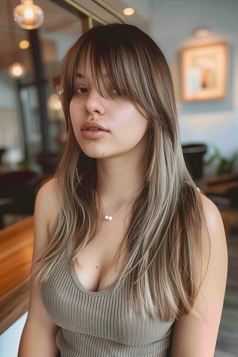 Straight long hair with wispy curtain bangs