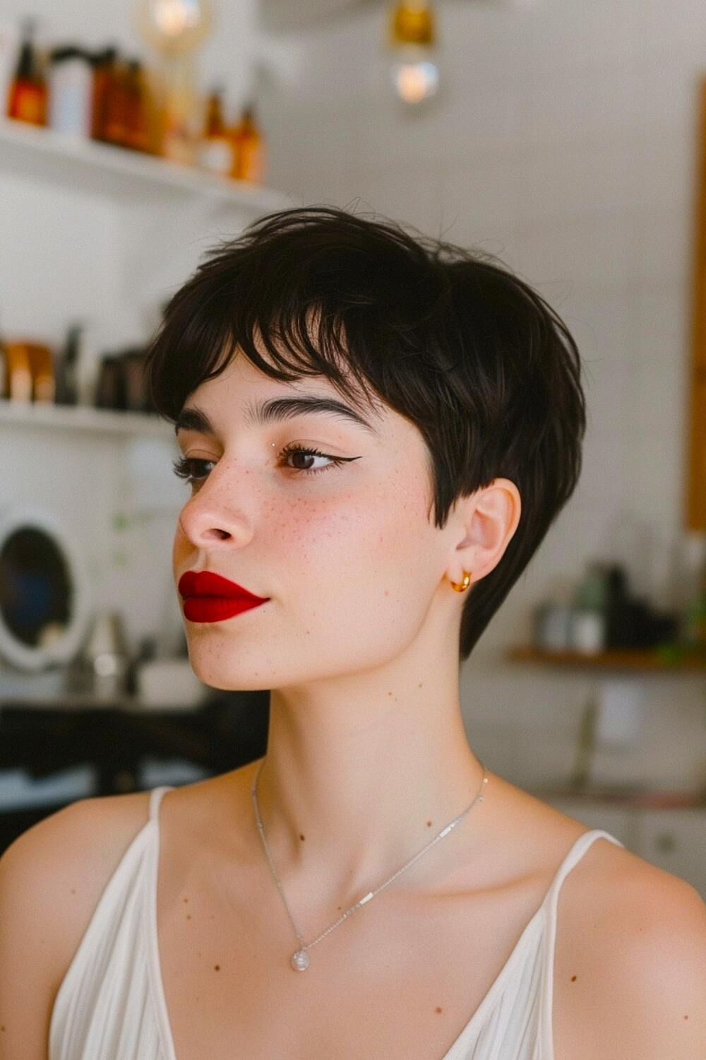 Dark hair with short pixie cut