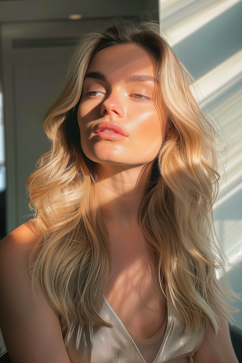 Sunlit blonde highlights on long hair